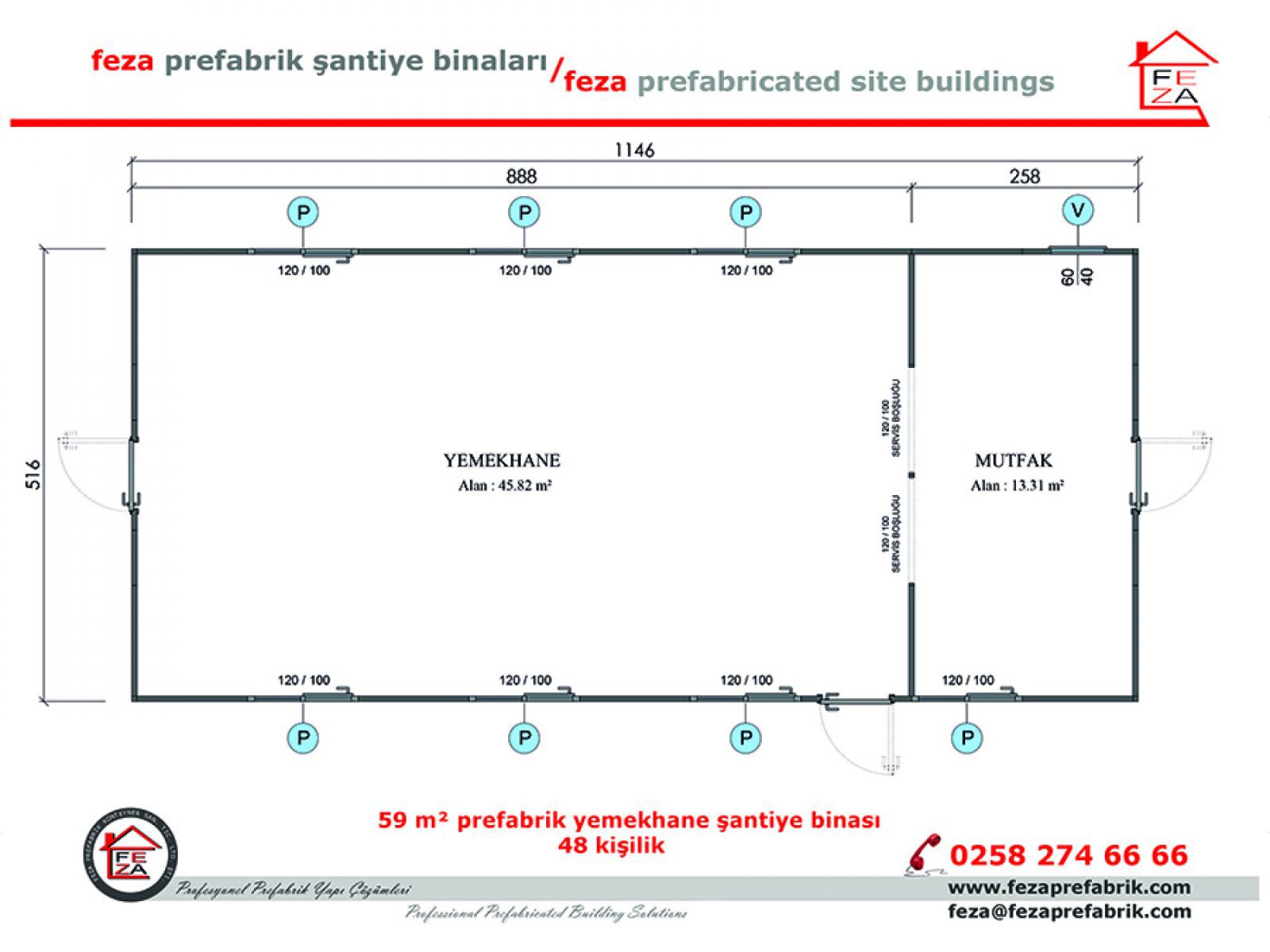 59 m2 Prefabricated Dining Hall for 48 People