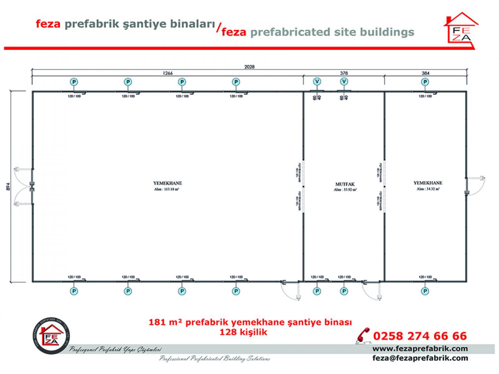 181 m2 128 Kişilik Prefabrik Yemekhane
